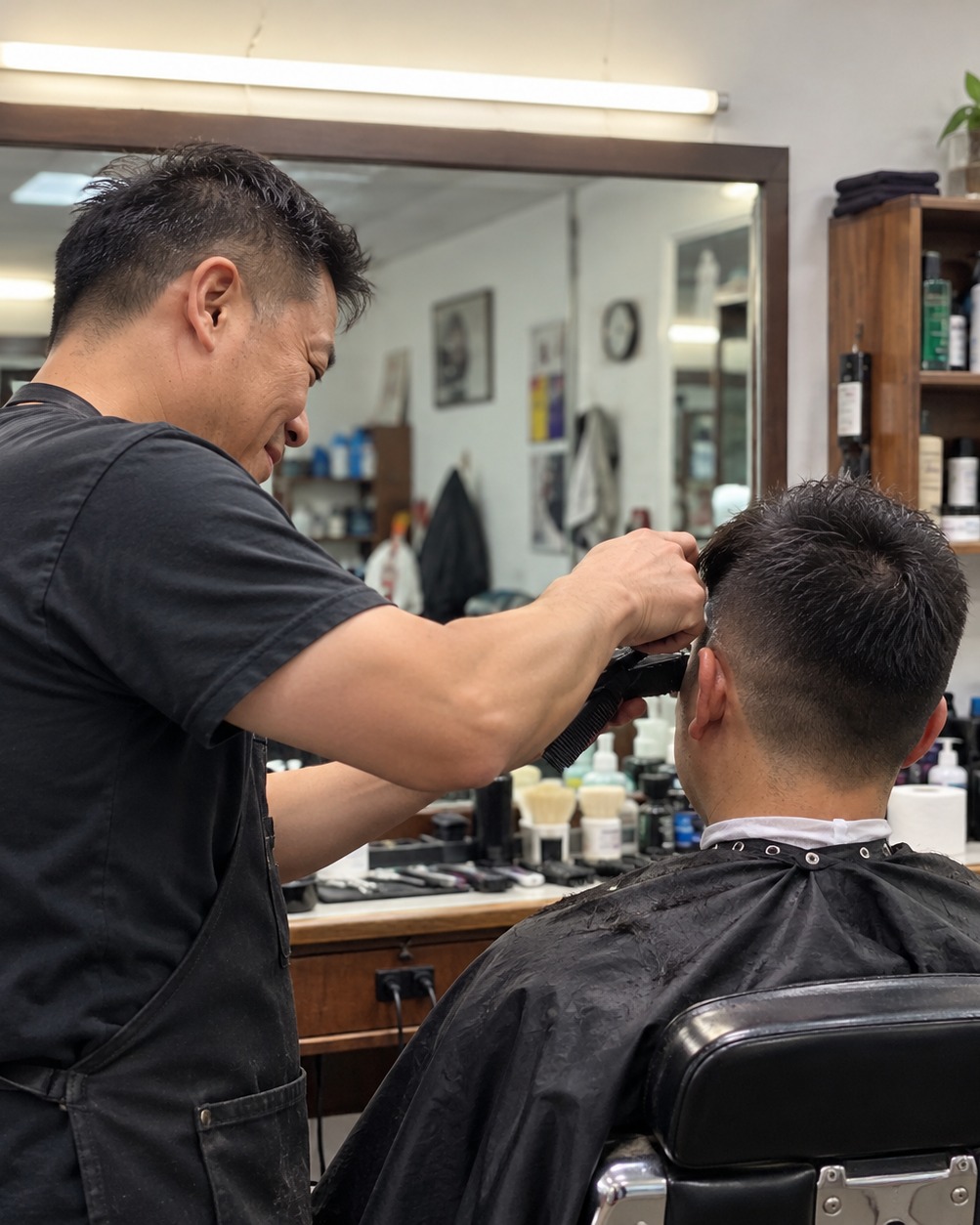 Barber giving a seated client a fade with clippers at a wood styling station in Lee's Barber Shop